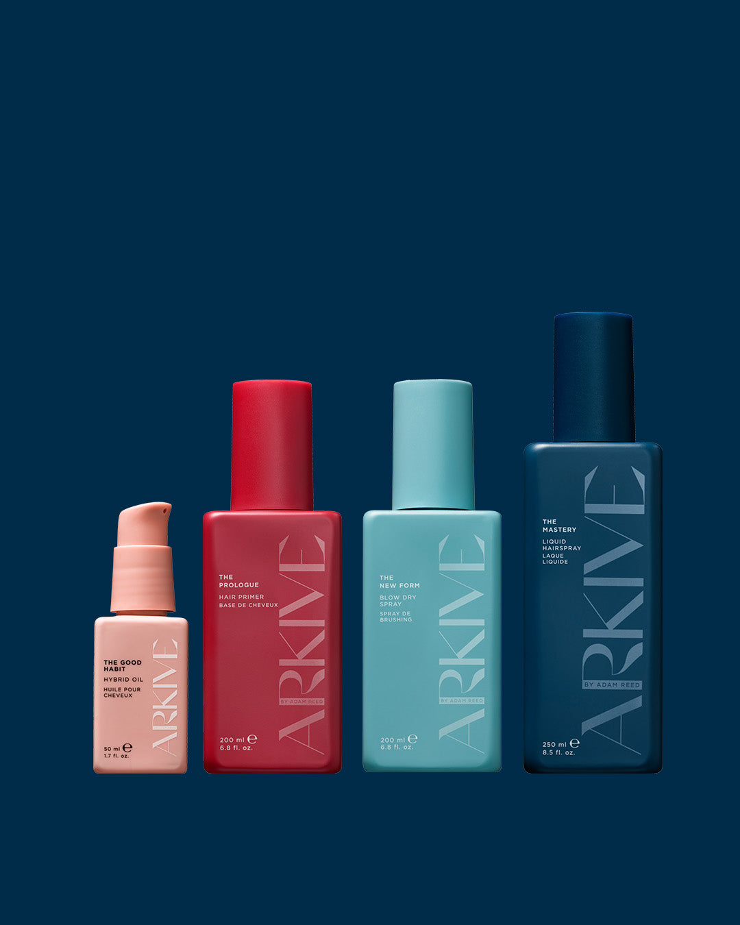 Arkive's Strong on Styling Set, featuring The Good Habit Hybrid Oil, The New Form Blow Dry Hairspray, The Prologue Primer and The Mastery Hairspray on a navy background