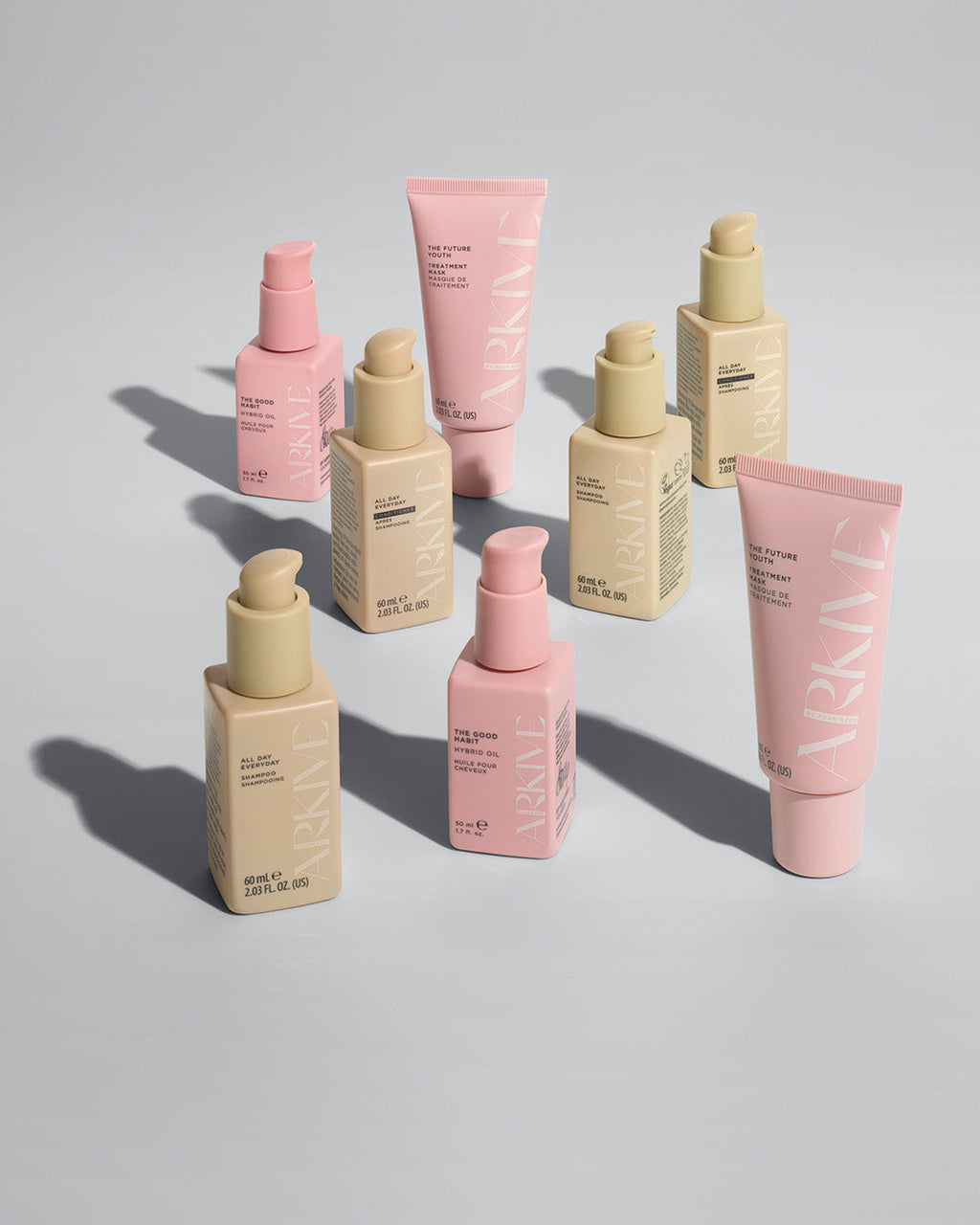 The bottles included in Arkive's Head In the Clouds discovery set laid out on a white surface