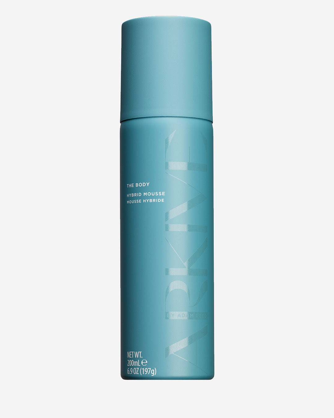 A bottle of Arkive's 'The Body' hybrid hair mousse on a white background.